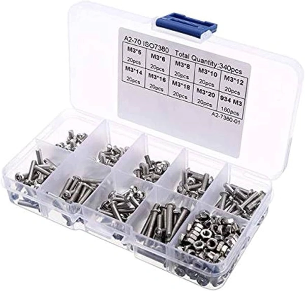 طقم براغي وصواميل سداسية M3 (3 مم) - 340 قطعة - ستانلس ستيل A2 / 340pcs M3 (3mm) A2 Stainless Steel Hexagon Screws and Nuts Assortment Kit