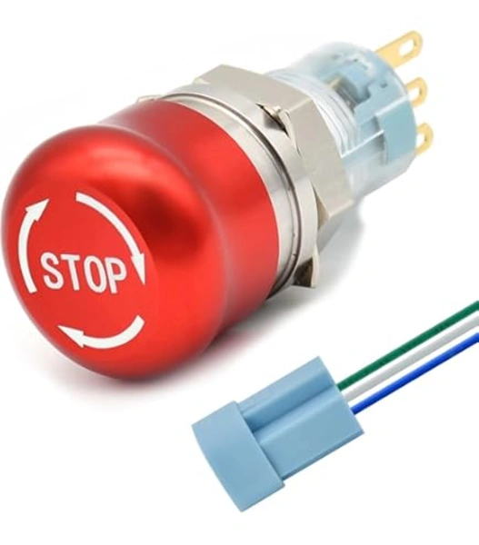 مفتاح طوارئ برأس معدني صغير – 22 مم (1NO+1NC) مع قاعدة توصيل / Emergency Stop Switch – Small Metal Head, 22mm (1NO+1NC) with Socket