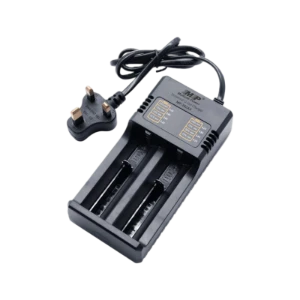 شاحن مزدوج للبطاريات القابلة للشحن / Dual Charger for 18650, 14500, 16340 Li-Ion Rechargeable Batteries (UK Plug) MP with Charge Indicator