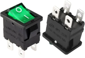 مفتاح متأرجح اخضر اللون (تشغيل - إيقاف) 4 دبابيس / KCD1 (on-off) 15*21mm  ,Green color Illuminated 4Pin 250V/6A Rocker Switch